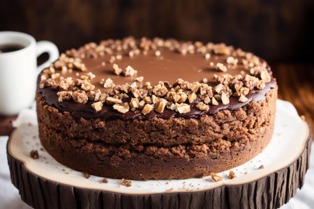 Chocolate cake with nuts and a cup of coffee on a wooden backgroundの素材