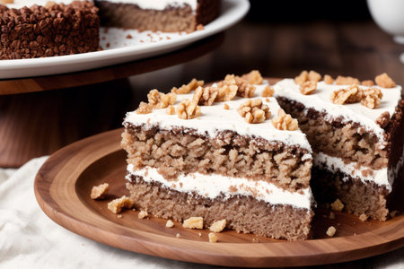 Coffee cake with whipped cream and walnuts on wooden plateの素材
