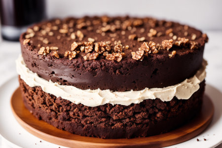 Chocolate cake with cream and walnuts on a white background.の素材