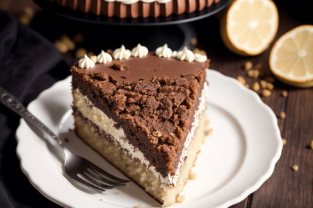 Piece of chocolate cake with lemon and nuts on a white plateの素材