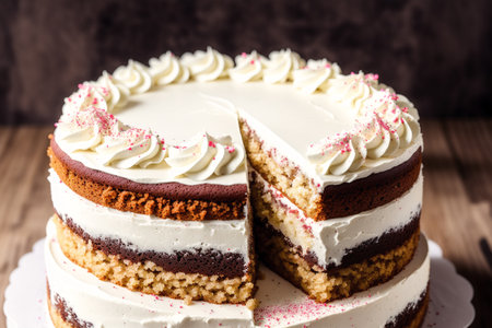 Homemade cake with cream and chocolate on a wooden background. Selective focus.の素材