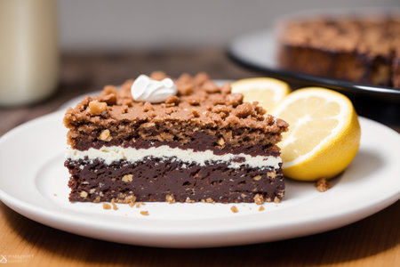 Homemade chocolate cake with lemon on a white plate, selective focusの素材