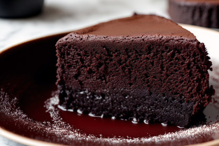 chocolate cake with chocolate glaze on a plate, closeupの素材