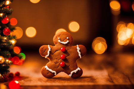 Gingerbread man and christmas tree on wooden table with bokeh backgroundの素材
