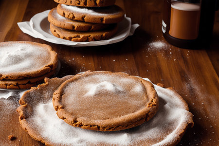 Homemade chocolate cookies with icing sugar on wooden background. Selective focus.の素材