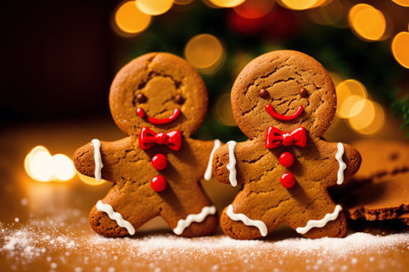 gingerbread couple on a background of a Christmas tree and lightsの素材