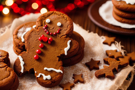 Christmas homemade gingerbread cookies in the form of a snowman on a wooden backgroundの素材