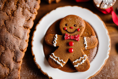 Gingerbread man on a plate with gingerbread cookies on a wooden backgroundの素材