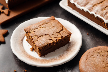 Chocolate cake with icing sugar on a black background, selective focus.の素材