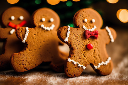 gingerbread men on the background of a Christmas tree and lightsの素材