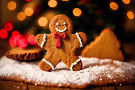 Christmas gingerbread man on wooden table with Christmas tree in the backgroundの素材