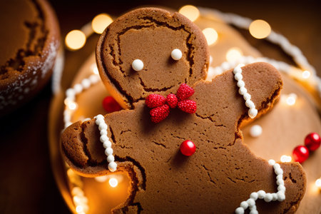 gingerbread man with garland on christmas tree, closeupの素材