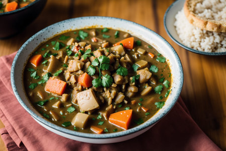 Curry with vegetables and tofu in bowl on wooden table. Selective focusの素材