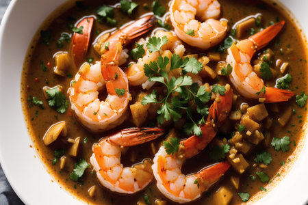 Seafood soup with shrimps and mussels in a bowlの素材