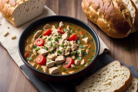 Chicken Stroganoff in a bowl with bread on wooden table.の素材