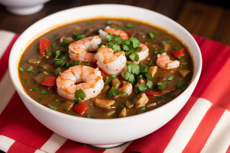 Spicy soup with shrimps and mushrooms in a white bowlの素材
