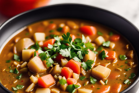 Vegetable soup with pasta and vegetables in a bowl on the tableの素材