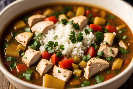 Vegetable soup with chicken and rice close-up. horizontalの素材