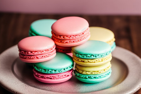 Colorful macaroons on a plate on a wooden background. Toned.の素材
