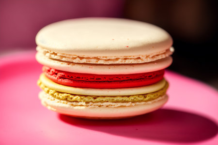 Colorful macaroons on pink background, close-up.の素材