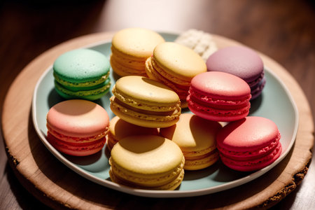 Colorful macaroons in a plate on a wooden table.の素材