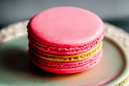 Macaroons in pink and yellow colors on a green plate.の素材