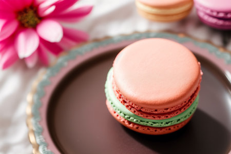 French macaroons with pink and green icing on a plate.の素材