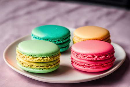Colorful macaroons on a white plate. Selective focus.の素材