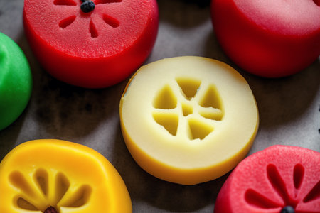 Marzipan. Three types of Marzipan on a cutting board. Close-up.の素材