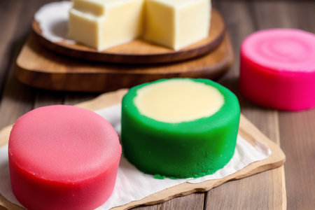 Marzipan. Three types of Marzipan on a cutting board. Close-up.の素材