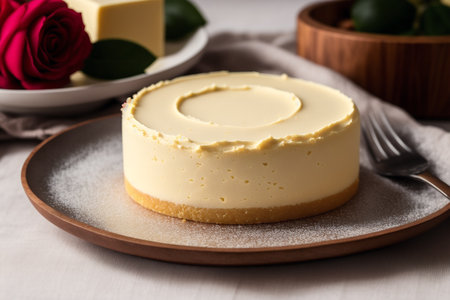 Marzipan. Creamy cheesecake with red roses on a wooden plate.の素材