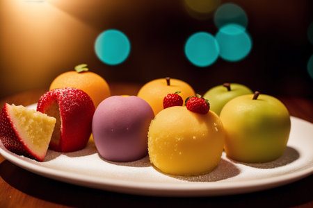 Marzipan. Fruit ice cream balls on a white plate with bokeh backgroundの素材