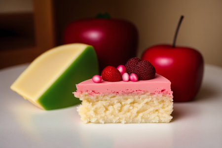Marzipan. Piece of cake with strawberry and cheese on a white background.の素材