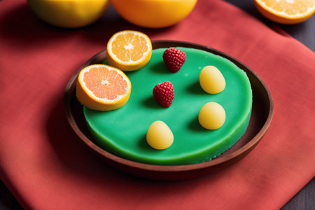 Marzipan. Fruit cake in the form of a face on a red backgroundの素材