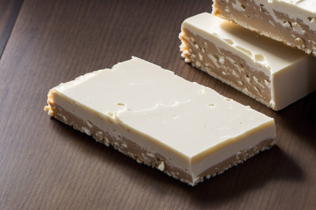 White chocolate bars on a wooden table, close-up, horizontalの素材