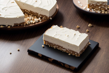 Cheesecake with nuts on a wooden table. Selective focus.の素材