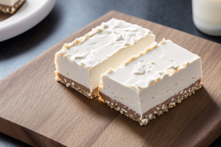 Cream cheese cake on a wooden cutting board, close-upの素材