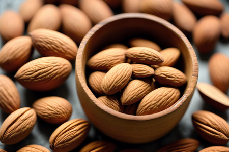 Almond nuts in wooden bowl on grey background. Close up.の素材