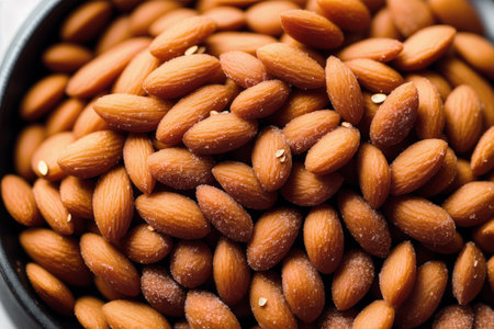 Almond nuts in a bowl on wooden background. Top view.の素材