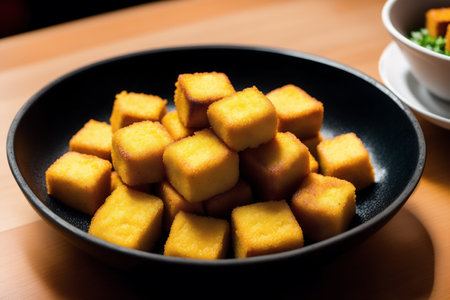 Fried Cheese Cake on black plate, Thai style dessert food.の素材