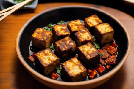 Fried Tofu in a bowl on a wooden table.の素材
