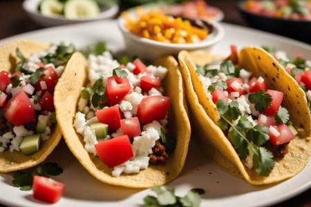 Mexican tacos with meat, cheese and vegetables served on a plateの素材