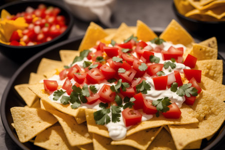Mexican nachos with salsa, cheese and guacamoleの素材