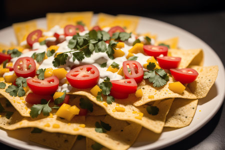 Mexican nachos with cheese sauce, cherry tomatoes and cilantroの素材