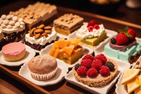 Variety of cakes and pastries on a wooden tray. Toned.の素材