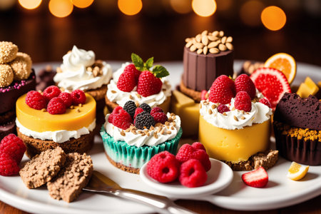Cupcakes with raspberries and chocolate on a white plateの素材
