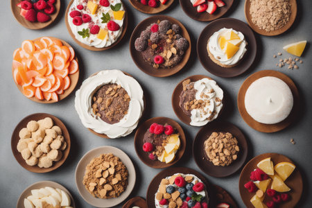 Variety of desserts and pastries on grey background, top viewの素材
