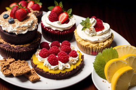 Cupcakes with raspberries and lemon on a white plateの素材