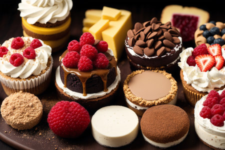 Cupcakes with raspberries and chocolate on a wooden backgroundの素材