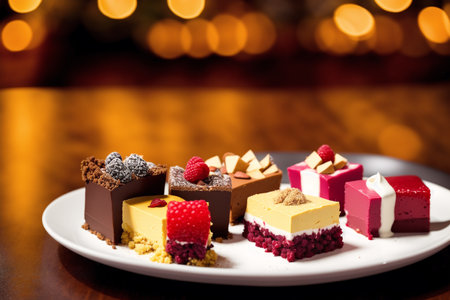 Group of assorted mini cakes on white plate with bokeh backgroundの素材